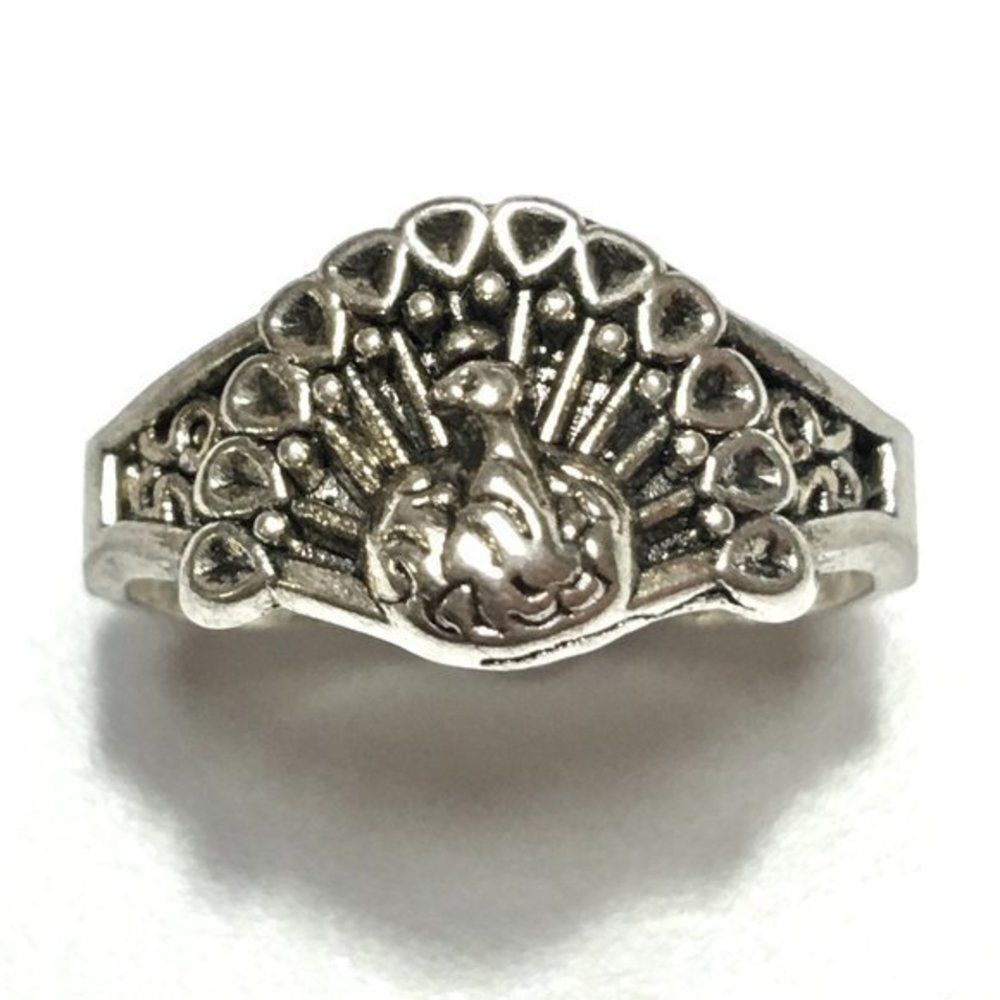 Silver Tone Peacock Ring Womens Size 7.5 Art Nouveau Style